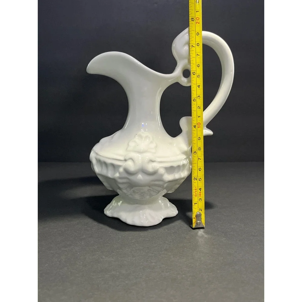 Vintage White Ceramic Pitcher Ewer Ornate Embossed Floral Made in Portugal 8
